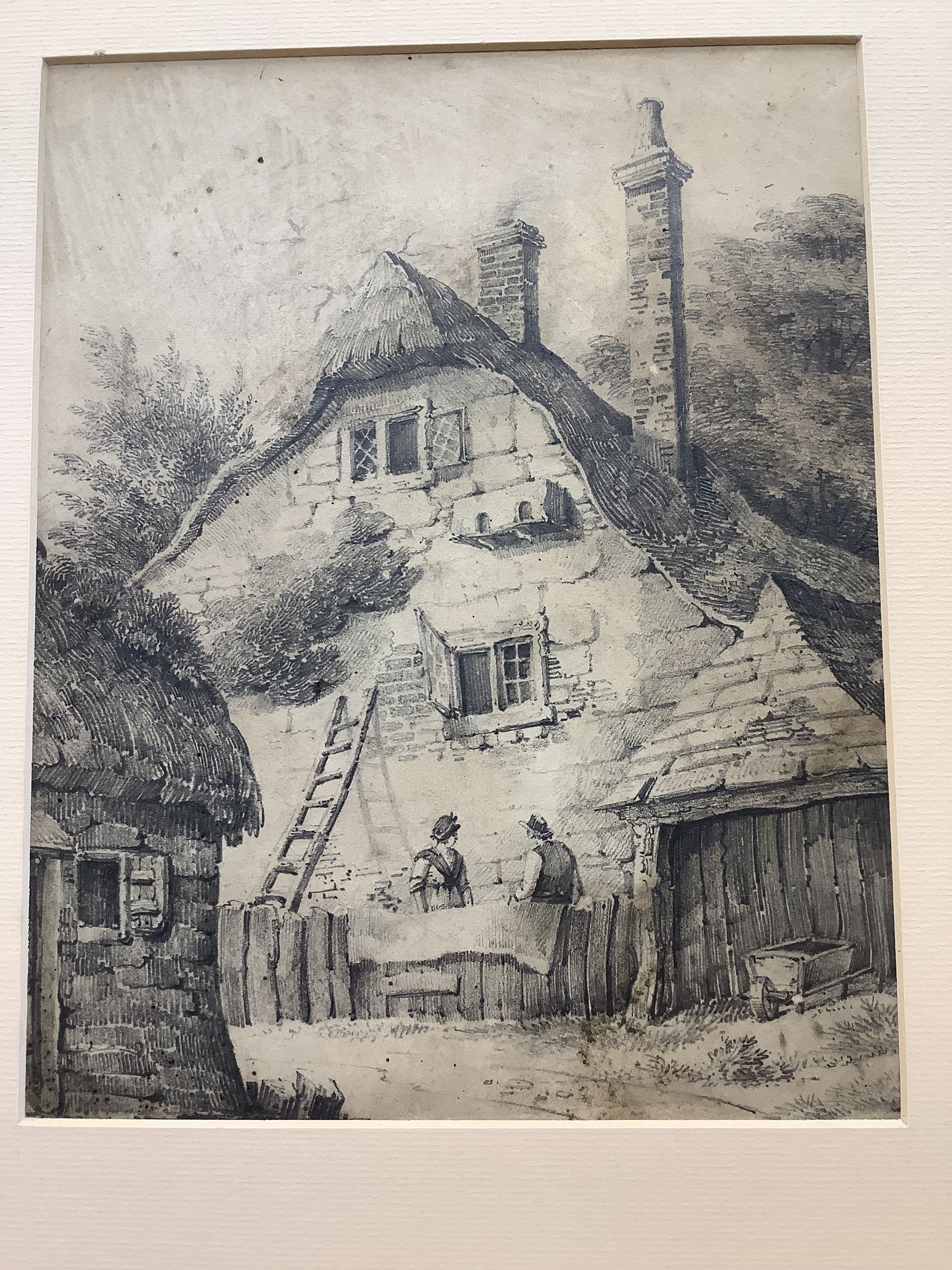 Early 19th century English School, two pencil drawings, Figures beside a cottage and Study of an oak tree, 25 x 20cm and 30 x 22cm, unframed